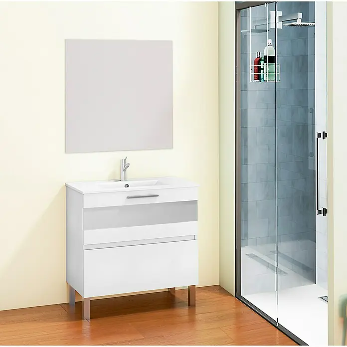 Mueble bajo de lavabo Isa - An x Pr x Al: 80 x 46 x 84 cm, Blanco - Interior de baño moderno con un elegante mueble de lavabo, completo con un espejo cuadrado y una elegante cabina de ducha.
