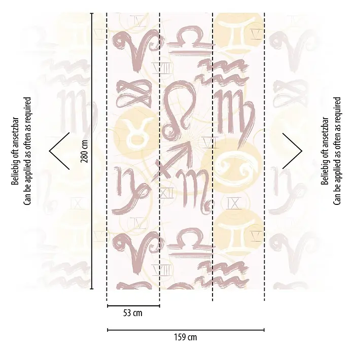 A.S. Création The Wall 2 Fototapete Symbole - B x H: 159 x 280 cm, Vlies, Creme-Gelb-Rosa - Astrologische Tapete mit Tierkreiszeichen in Beige und Braun, 159 cm breit und 280 cm hoch.