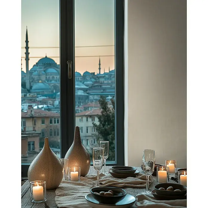 A.S. Création Metropolitan Stories Hot Spots Vliestapete Ethno - Creme-Weiß, Grafisch, 10,05 x 0,53 m - Einrichtungsidee mit Kerzen, Vasen und eleganten Gläsern auf einem gedeckten Tisch, der eine warme, einladende Atmosphäre schafft.