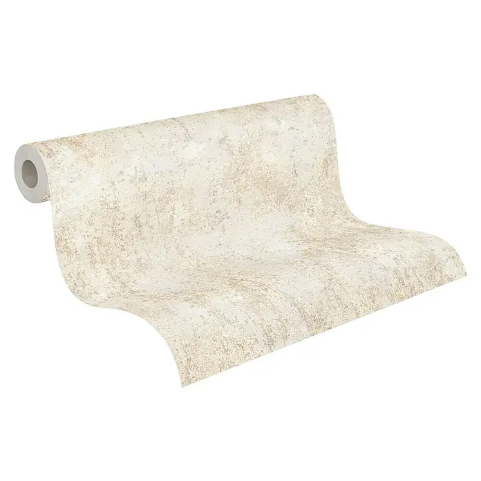 A.S. Création Metropolitan Stories Hot Spots Vliestapete Putzstruktur - Beige-Creme-Grau, Steinoptik, 10,05 x 0,53 m - Nahaufnahme einer Rolle cremefarbener Tapete mit subtiler Textur, die eine elegante Wanddekoration für stilvolle Innenräume bietet.