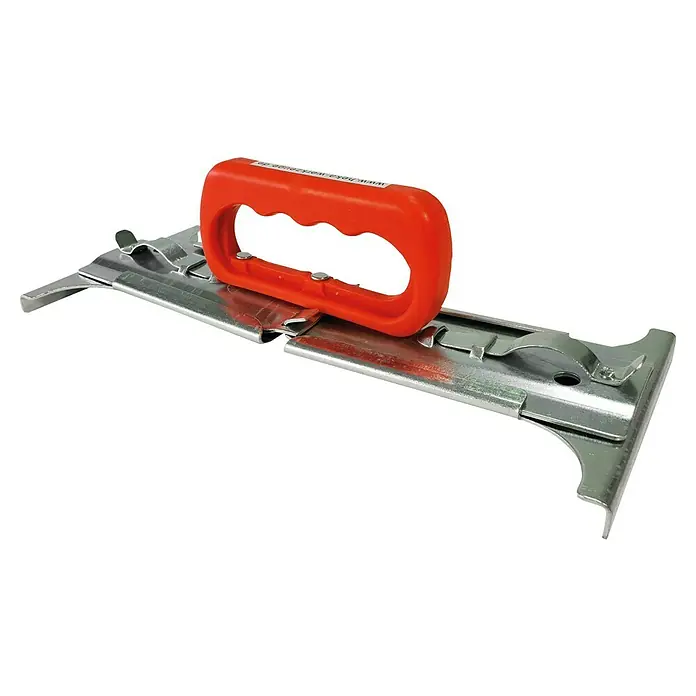 Heka Plattenheber - Verstellbar: 300 mm - 500 mm - Ein Werkzeug zum Verlegen von Terrassendielen mit einem roten Griff. Das Werkzeug ist aus Metall und hat eine gezackte Kante.