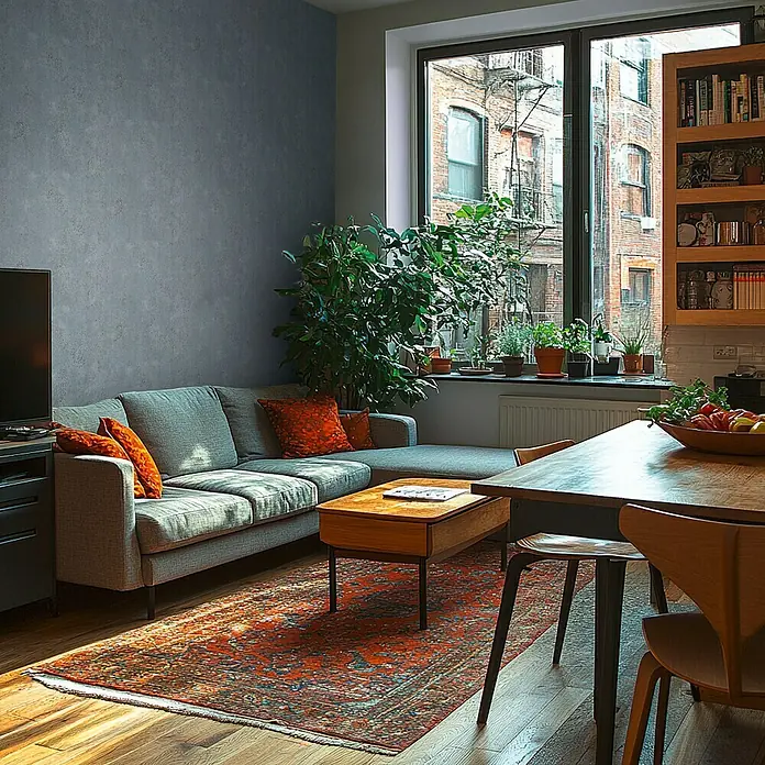 A.S. Création Metropolitan Stories Hot Spots Vliestapete Putzstruktur - Blau-Grau-Metallic, Steinoptik, 10,05 x 0,53 m - Wohnzimmer mit grauem Sofa, Holztisch und rotem Teppich. Eine grüne Pflanze steht am Fenster und sorgt für eine gemütliche Atmosphäre.