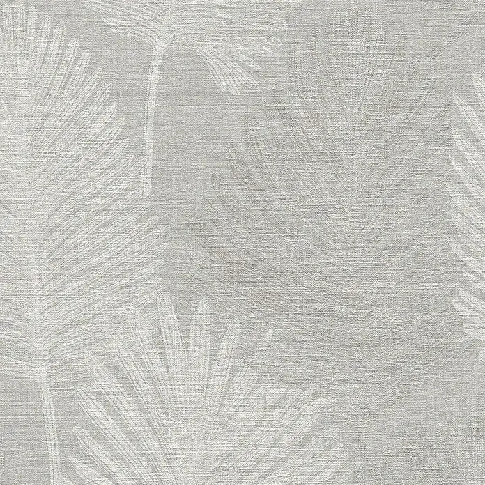 A.S. Création Metropolitan Stories Hot Spots Vliestapete Blätter - Grau-Hellgrau-Metallic, Floral, 10,05 x 0,53 m - Abstrakte, weiße Palmblattmuster auf grauem, strukturiertem Hintergrund. Ein stilvolles und dezentes Design für moderne Wohnräume.