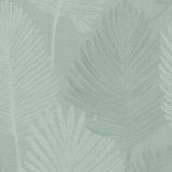 A.S. Création Metropolitan Stories Hot Spots Vliestapete Blätter - Grün-Hellgrau-Mint, Floral, 10,05 x 0,53 m - Ein Stoffmuster mit einem hellen, blassgrünen Hintergrund, der mit stilisierten Palmblättern in verschiedenen Schattierungen derselben Farbe bedeckt ist.