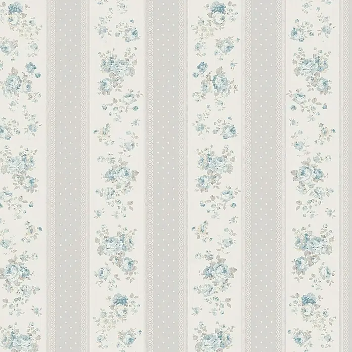 A.S. Création Maison Charme Vliestapete Vertikale Blümchen - Grau-Blau-Weiß, Floral, 10,05 x 0,53 m - Gemusterte Tapete mit blauen Blumen und Streifen.