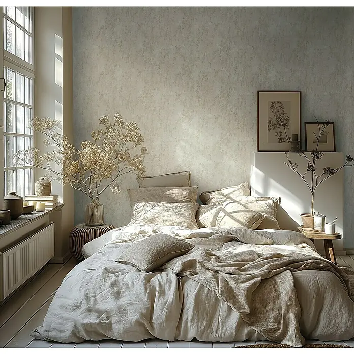 A.S. Création Metropolitan Stories Hot Spots Vliestapete Putzstruktur - Beige-Creme-Grau, Steinoptik, 10,05 x 0,53 m - Einladendes Schlafzimmer mit einem gemütlichen Bett, das mit beigen Kissen und einer weichen Decke ausgestattet ist, perfekt zum Entspannen.