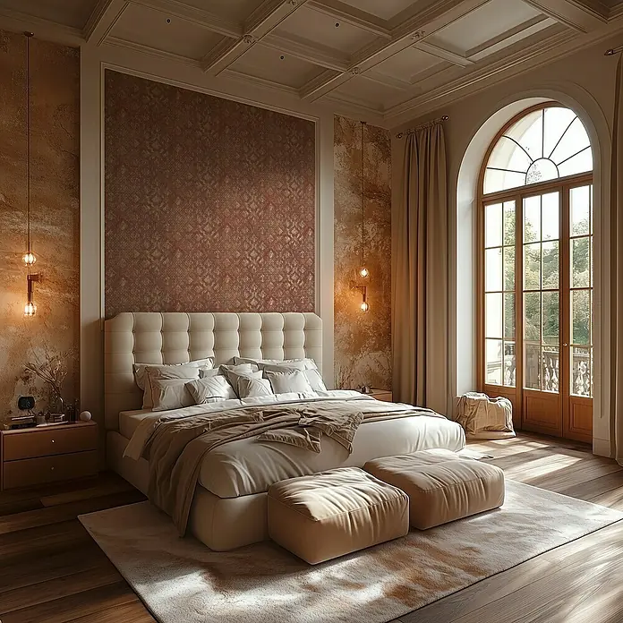 A.S. Création Metropolitan Stories Hot Spots Vliestapete - Rot-Gold-Metallic, Ornament, 10,05 x 0,53 m - Elegantes Schlafzimmer mit beigem Bett und passenden Hockern auf einem gemusterten Teppich. Einladend und stilvoll eingerichtet.