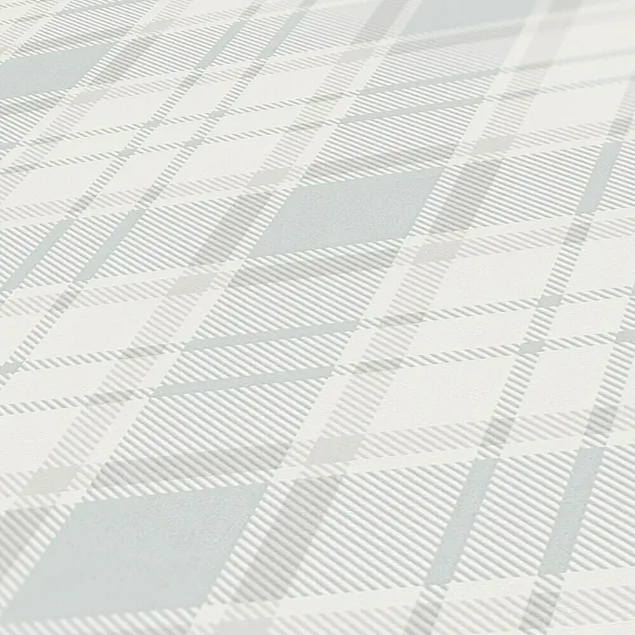 A.S. Création Maison Charme Vliestapete Karo - Blau-Grau-Weiß, Grafisch, 10,05 x 0,53 m - Ein elegantes Tapetenmuster in Weiß und Blaugrau, das ein schottisches Karomuster mit subtilen Texturen und feinen Linien zeigt.