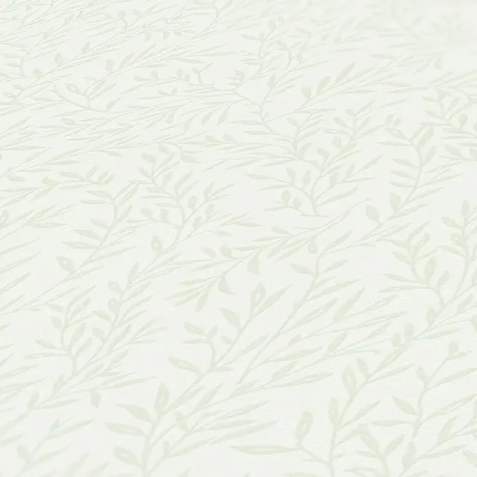 A.S. Création Maison Charme Vliestapete Ranken - Weiß-Grün, Floral, 10,05 x 0,53 m - Nahaufnahme einer sanften, blassgrünen Tapete mit einem zarten Blätterzweigmuster für eine ruhige und natürliche Atmosphäre.
