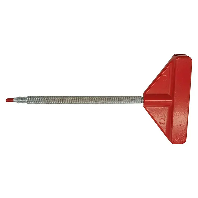 Heka Punta de trazar - Espesor placa: 8 mm - Esta imagen muestra un sacapuntas rojo con un mango de metal moleteado. Este producto es adecuado para material de oficina o escolar.