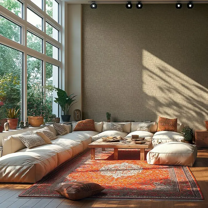 A.S. Création Metropolitan Stories Hot Spots Vliestapete Ethno - Braun-Hellbraun, Grafisch, 10,05 x 0,53 m - Ein gemütliches Wohnzimmer mit einem großen, modularen Sofa, einem Holztisch und einem farbenfrohen Teppich.