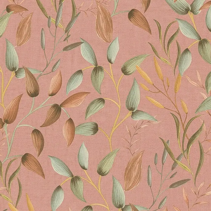 A.S. Création Pintwalls 2 Vliestapete Blätterranke - Rosa-Grün-Rot, Floral, 10,05 x 0,53 m - Ein elegantes florales Muster auf einem zarten rosa Stoff. Blätter in verschiedenen Farben sorgen für eine lebendige und stilvolle Textur.