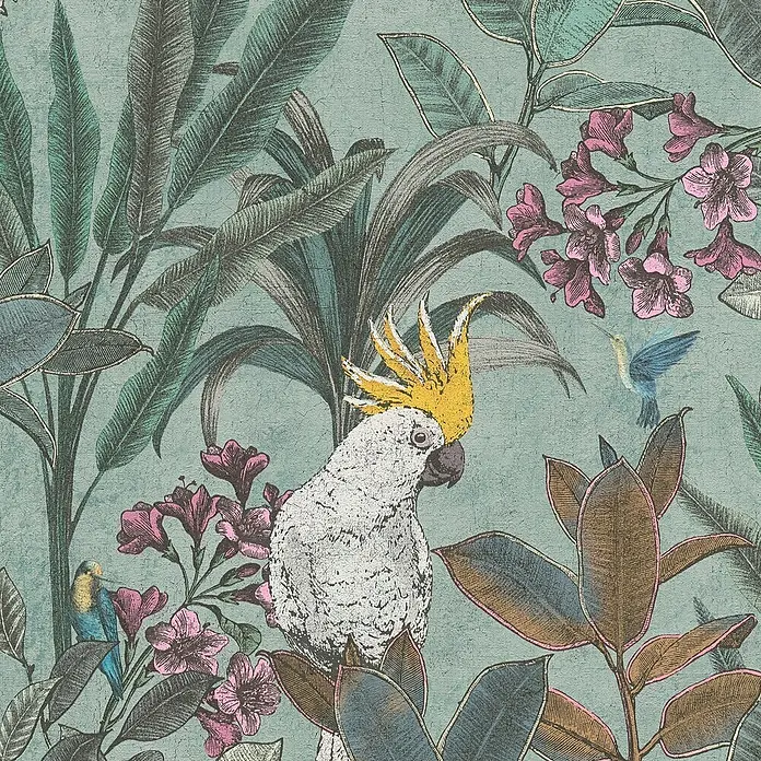 A.S. Création Pintwalls 2 Vliestapete Dschungel - Grün-Blau-Pink, Floral, 10,05 x 0,53 m - Eine kunstvolle Illustration mit tropischen Pflanzen, einem Kakadu mit gelbem Kamm und einem Kolibri auf einem strukturierten Hintergrund.