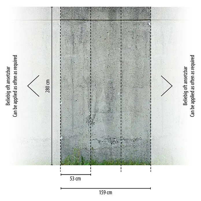 A.S. Création The Wall 2 Fototapete Betonwand mit Moos - B x H: 159 x 280 cm, Vlies - Eine Betonwand mit Maßangaben für die Größe der Wandelemente.