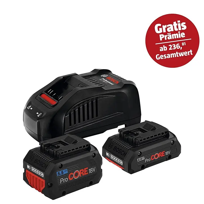 Bosch Professional AMPShare 18V Akku & Ladegerät ProCORE18V 4.0Ah + ProCORE18V 5.5Ah + GAL1880CV - 18 V, 2 Akkus, 4 Ah - Abbildung eines Bosch Akku-Sets mit Ladegerät und zwei ProCORE 18V Akkus (5.5 Ah und 4.0 Ah) sowie einem roten "Gratis"-Aufkleber.