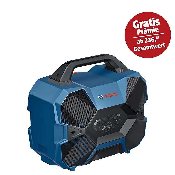 Bosch Professional AMPShare 18V Bluetooth-Lautsprecher GPB 18V-6 C - 18 V, Ohne Akku - Das Bild zeigt ein blaues Bosch Baustellenradio mit schwarzem Tragegriff und Lautsprechern. In der Ecke befindet sich ein rotes "Gratis"-Werbeetikett.