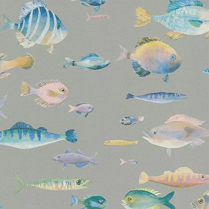A.S. Création Pintwalls 2 Vliestapete Fische - Grau-Bunt-Blau, Tieroptik, 10,05 x 0,53 m - Ein nahtloses Muster von bunten Fischen, die mit Aquarellfarben auf einem texturierten, grauen Hintergrund gemalt wurden.