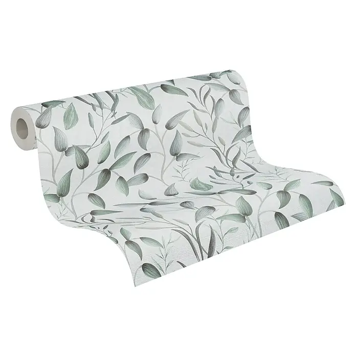 A.S. Création Pintwalls 2 Vliestapete Blätterranke - Grün-Weiß-Grau, Floral, 10,05 x 0,53 m - Eine Rolle floral gemusterter Tapete in einem beruhigenden Farbschema, die ein elegantes und natürliches Ambiente für jeden Raum schafft.