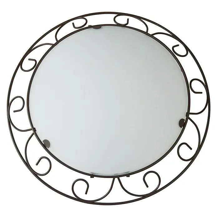 Plafón redondo Dundee - 40 W, Ø x Al: 300 mm x 7 cm, Marrón, E27 - Primer plano de una lámpara de techo redonda con un marco de metal decorativo en espiral y una cubierta de vidrio blanco.