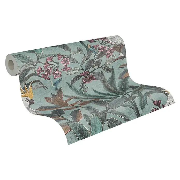 A.S. Création Pintwalls 2 Vliestapete Dschungel - Grün-Blau-Pink, Floral, 10,05 x 0,53 m - Eine Rolle gemusterte Tapete mit floralen Elementen und Vögeln in sanften Farben, die eine exotische und natürliche Atmosphäre schafft.