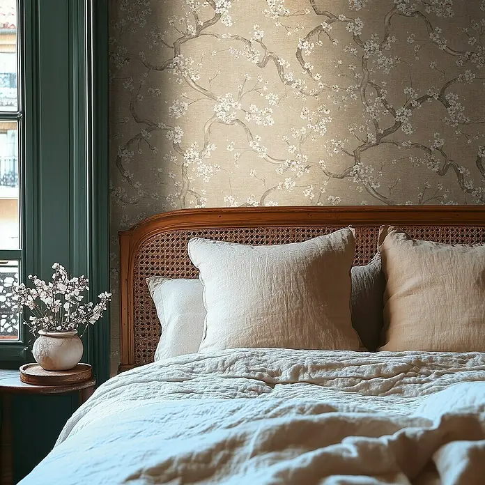 A.S. Création Metropolitan Stories Hot Spots Vliestapete Kirschblüte - Beige-Creme-Braun, Floral, 10,05 x 0,53 m - Nahaufnahme eines Bettes mit rustikalem Kopfteil und sanften Textilien, das eine ruhige und einladende Atmosphäre ausstrahlt.