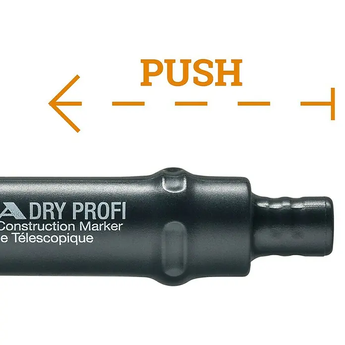 Lyra Bohrlochmarker Dry - Grau - Nahaufnahme eines schwarzen Trockenbaustiftes mit der Aufschrift "PUSH" und einem Pfeil.