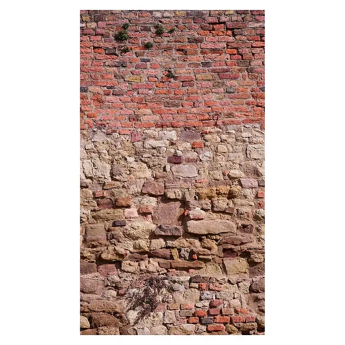 A.S. Création The Wall 2 Fototapete Steinmauer - B x H: 159 x 280 cm, Vlies - Eine detaillierte Ansicht einer alten Mauer mit verschiedenen Steinen und Ziegeln, die eine rustikale Textur und ein historisches Aussehen zeigt.