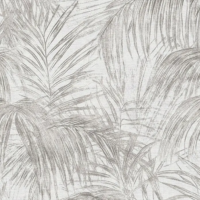 A.S. Création Michalsky Metropolis Vliestapete Farn - Weiß-Grau, Floral, 10,05 x 0,53 m - Ein elegantes Bild von Tapeten mit einem dezenten Palmenblattmuster in neutralen Grautönen auf einer strukturierten Leinwand für stilvolle Wände.