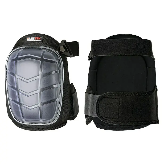 Kneetek Knieschoner Basic Clear - 1 Stk. - Abbildung von Knieschonern mit transparenter Hartschale und verstellbaren Riemen für optimalen Schutz und Komfort bei der Arbeit.