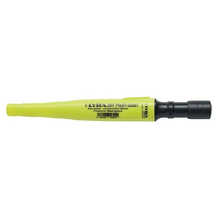 Lyra Marker Dry Profi Giant - Graphit, 150 mm - Ein gelber Lyra Dry Profi Giant Baumarker, ein Werkzeug für Bauarbeiten mit teleskopischer Minenführung.