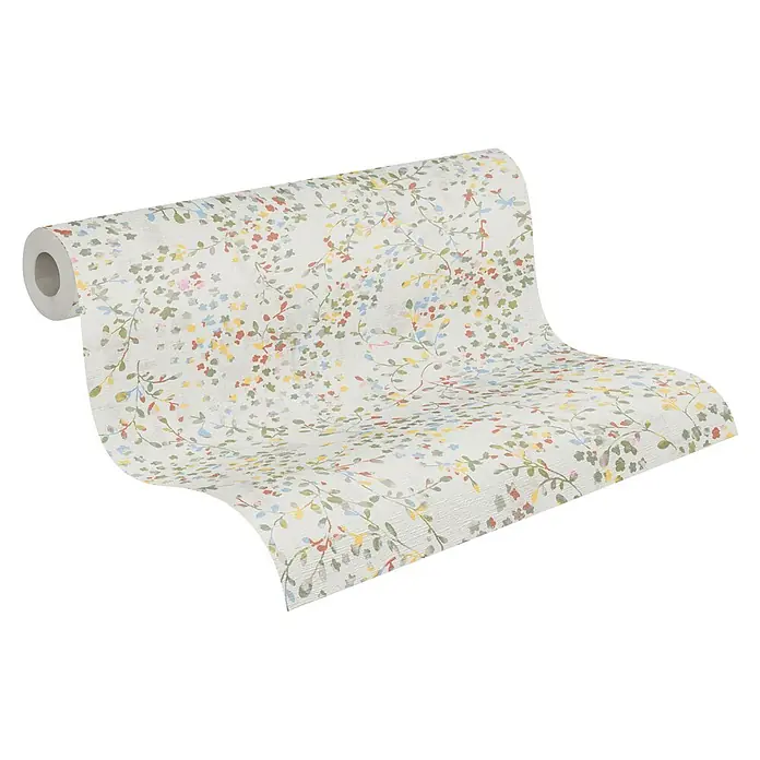 A.S. Création Pintwalls 2 Vliestapete Blumen - Bunt-Creme-Grün, Floral, 10,05 x 0,53 m - Eine Rolle Tapete mit einem zarten Blumenmuster. Die Tapete ist aufgerollt und zeigt ein florales Design in sanften Farben.