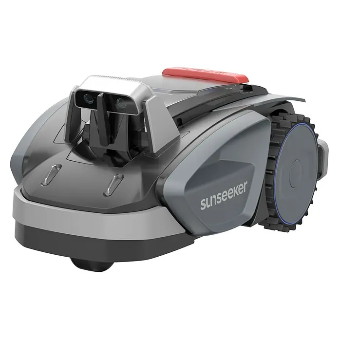 Sunseeker Mähroboter-Set V3 inkl. Garage - 600 m², Schnittbreite: 18 cm, Kamera-gestützte Navigation - Ein Sunseeker-Rasenmähroboter in grau mit silbernen Akzenten und roten Details.