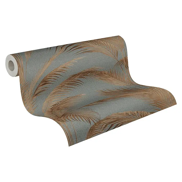 A.S. Création Michalsky Metropolis Vliestapete Palmwedel - Grau-Rost-Metallic, Floral, 10,05 x 0,53 m - Abgerollte Tapetenrolle mit grauem Hintergrund und braunen Palmenblattmustern, ideal für eine moderne und stilvolle Raumgestaltung.