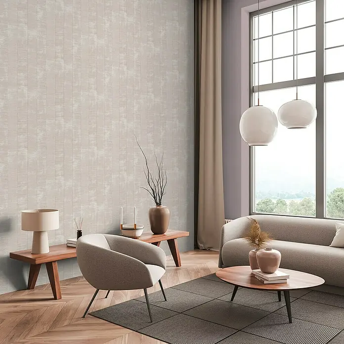 A.S. Création Daniel Hechter 7 Vliestapete - Beige-Grau-Silber, Streifen, 10,05 x 0,53 m - Elegante Wandtapete mit vertikalem Streifenmuster in Beige und Weiß. Das Design verleiht dem Raum eine moderne und stilvolle Note.\n