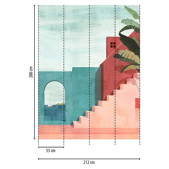A.S. Création The Wall 3 Fototapete 3D-Optik Südländische Architektur - B x H: 212 x 280 cm, Vlies - Wandtapete mit mediterranem Architekturmuster und sanften Farben, 280x212 cm.