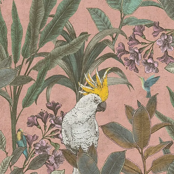 A.S. Création Pintwalls 2 Vliestapete Dschungel - Rosa-Grün-Violett, Floral, 10,05 x 0,53 m - Ein atemberaubendes Wandbild mit einem Kakadu, Kolibri und tropischen Pflanzen auf einem zarten, rosafarbenen Hintergrund.