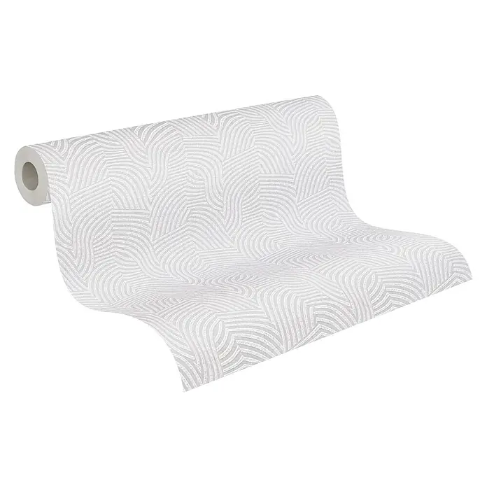 A.S. Création Daniel Hechter 7 Vliestapete 3D-Grafikstreifen - Weiß-Creme-Metallic, Grafisch, 10,05 x 0,53 m - Nahaufnahme einer Rolle weißer Tapete mit einem eleganten, geschwungenen Muster, ideal für moderne Innenräume.