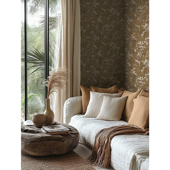 A.S. Création Metropolitan Stories Hot Spots Vliestapete Dschungel - Braun-Metallic, Floral, 10,05 x 0,53 m - Gemütliches Wohnzimmer mit einem weißen Sofa, braunen Kissen und einem rustikalen Holztisch, der eine warme und einladende Atmosphäre schafft.