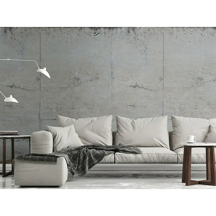 A.S. Création The Wall 2 Fototapete Betonoptik - B x H: 159 x 280 cm, Vlies - Nahaufnahme eines modernen grauen Sofas mit weißen Kissen, einer Decke und Beistelltischen vor einer Betonwand.