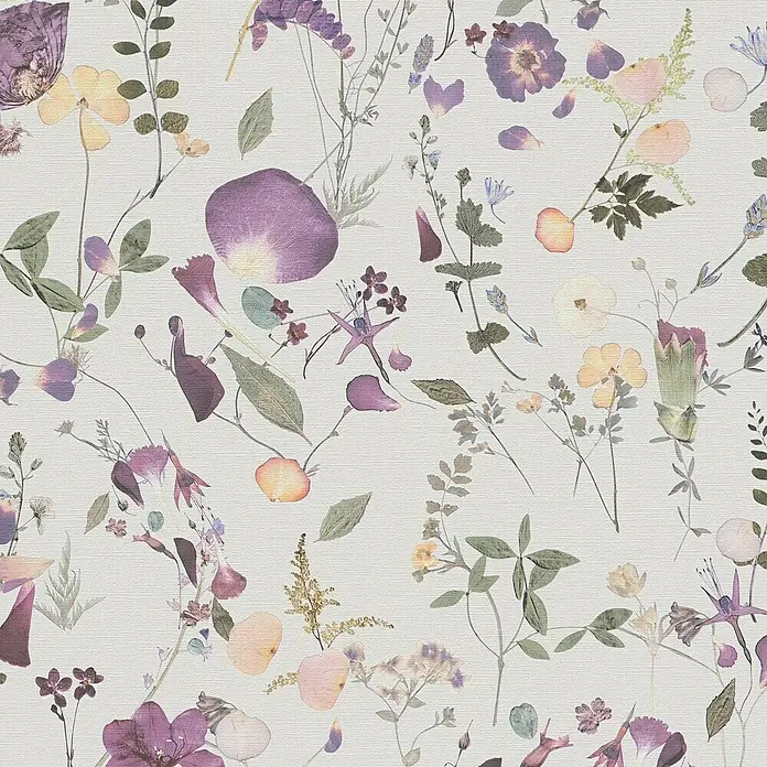 A.S. Création Pintwalls 2 Vliestapete Blumen - Violett-Grün-Gelb, Floral, 10,05 x 0,53 m - Zartes florales Muster mit verstreuten Blütenblättern und Blüten in Lila-, Gelb- und Grüntönen auf einem strukturierten Hintergrund.