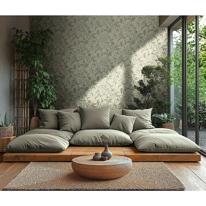 A.S. Création Metropolitan Stories Hot Spots Vliestapete Dschungel - Grün-Creme-Gold, Floral, 10,05 x 0,53 m - Zen-inspirierte Wohnraumgestaltung mit niedrigem Holzbett, vielen Kissen und einem runden Couchtisch auf einem Naturfaserteppich.