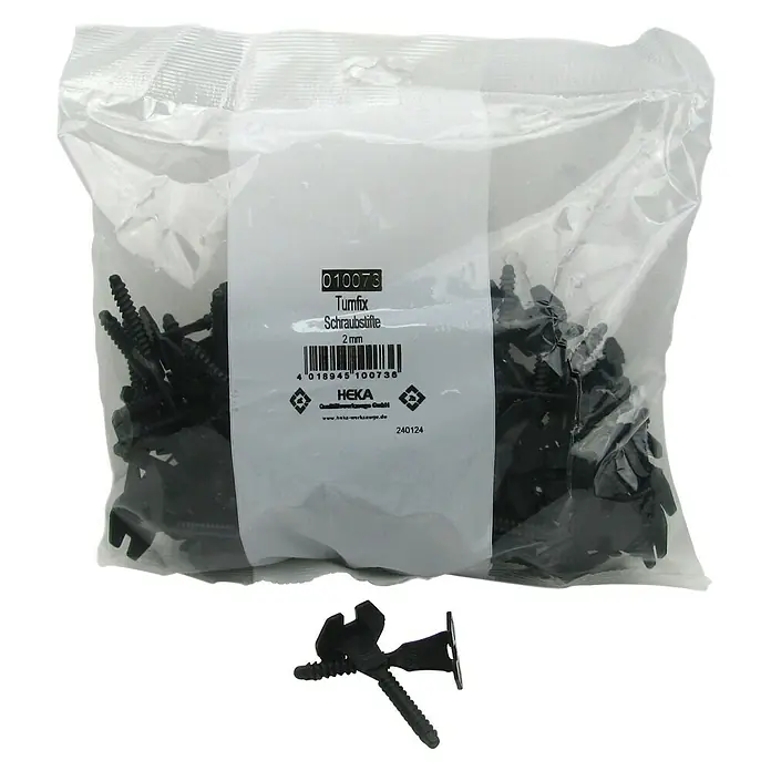 Heka Schraubstifte Turnfix - 100 Stk., Passend für: Fugenbreite 2 mm - Ein Beutel Turnfix Schraubstifte (2 mm) von HEKA, ideal für Befestigungen im Modellbau und Hobbybereich. Einzelner Stift vor dem Beutel.