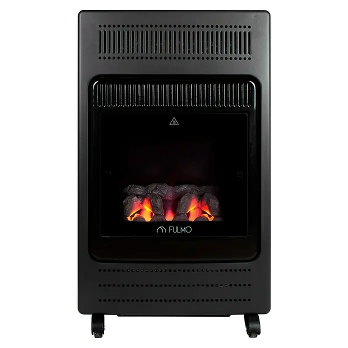 Fulmo Estufa de gas decorativa Nórdica - 1,9 kW - 3,4 kW, Gris oscuro - Primer plano de una chimenea eléctrica Fulmo con llamas simuladas que aporta calidez y ambiente a cualquier estancia.