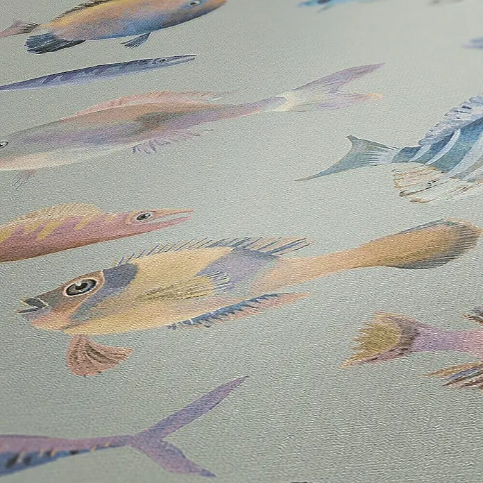 A.S. Création Pintwalls 2 Vliestapete Fische - Grau-Bunt-Violett, Tieroptik, 10,05 x 0,53 m - Nahaufnahme eines Stoffes mit Fischmuster in verschiedenen Farben und Designs.