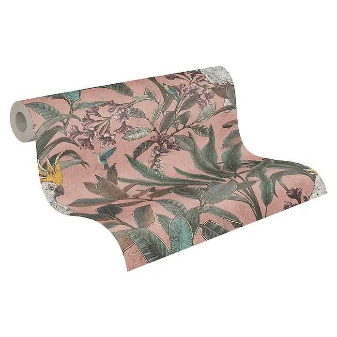 A.S. Création Pintwalls 2 Vliestapete Dschungel - Rosa-Grün-Violett, Floral, 10,05 x 0,53 m - Eine Rolle floral gemusterter Tapete mit exotischen Vögeln und Pflanzen auf einem sanften Rosaton für eine elegante Wandgestaltung.