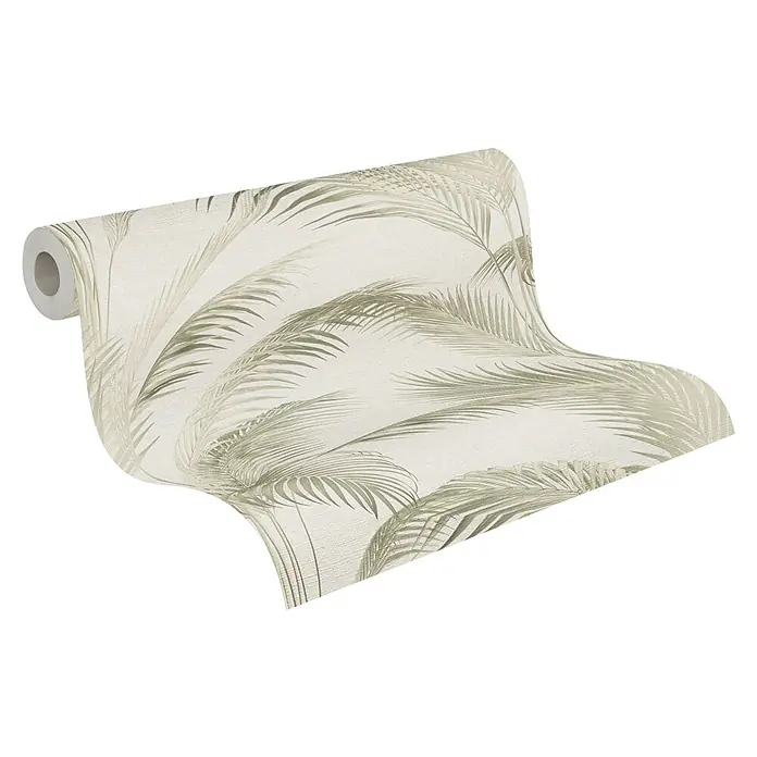 A.S. Création Michalsky Metropolis Vliestapete Palmwedel - Creme-Grün, Floral, 10,05 x 0,53 m - Nahaufnahme einer Rolle Tapete mit einem Palmenmuster in Beige, die eine natürliche und stilvolle Atmosphäre für jeden Raum bietet.