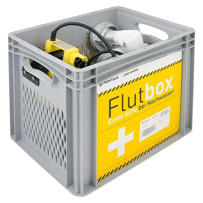 Jung Kellerentwässerungs-Set Flutbox3 -tlg. - Grauer Pentair Jung Pumpen Flutbox-Kasten gefüllt mit einer gelben Pumpe, Schlauch und Zubehör für Hochwasserhilfe.