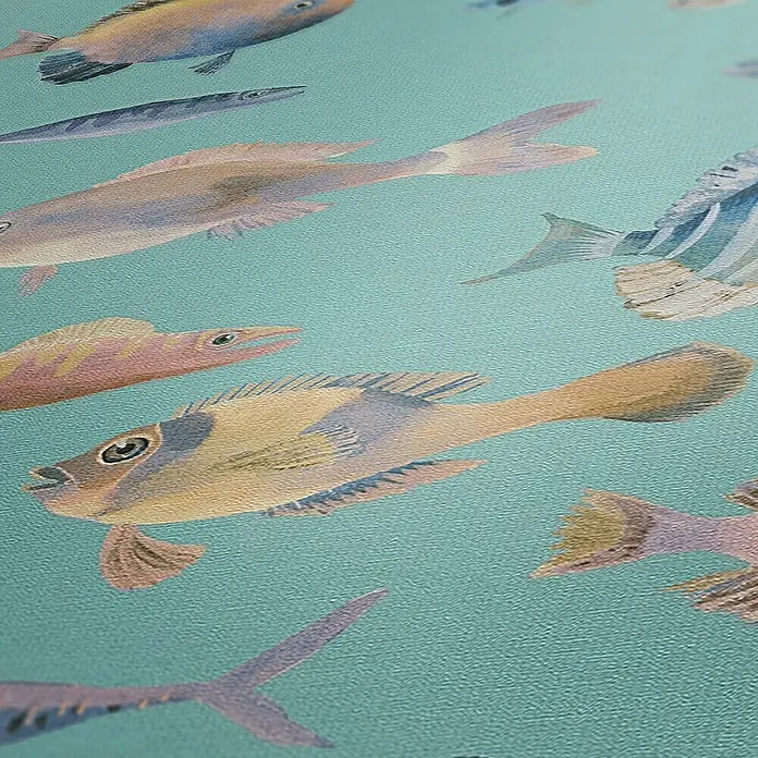 A.S. Création Pintwalls 2 Vliestapete Fische - Blau-Bunt-Violett, Tieroptik, 10,05 x 0,53 m - Nahaufnahme von mehreren gemalten Fischen in einem hellen Türkis. Verspieltes und dekoratives Design für jeden Raum.