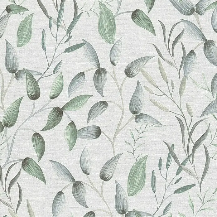 A.S. Création Pintwalls 2 Vliestapete Blätterranke - Grün-Weiß-Grau, Floral, 10,05 x 0,53 m - Elegantes Tapetenmuster mit grünen und grauen Blättern auf einem strukturierten, weißen Hintergrund. Ideal für eine ruhige Raumatmosphäre.