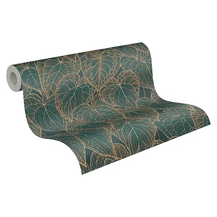 A.S. Création Daniel Hechter 7 Vliestapete Blattdesign - Braun-Grün-Gold, Floral, 10,05 x 0,53 m - Eine Rolle tiefgrüner Tapete mit einem stilisierten goldenen Blattmuster, das einen luxuriösen und natürlichen Look verleiht.